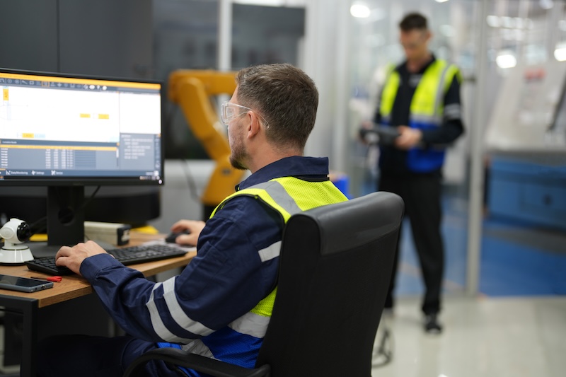 Mitarbeiter im Kontrollraum nutzt digitale Tools für modernen Know-How-Transfer im Unternehmen.